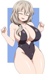  1girl absurdres abysswatchers black_one-piece_swimsuit blue_background blush border breasts closed_eyes covered_navel cowboy_shot dot_nose embarrassed eyebrows fang female_focus grey_hair hands_up highres huge_breasts legs_together long_hair low_ponytail mature_female nervous nervous_smile one-piece_swimsuit open_mouth side_ponytail simple_background skin_fang smile solo standing swimsuit thighs uzaki-chan_wa_asobitai! uzaki_tsuki w_arms white_border wide_hips 