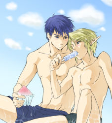  2boys blonde_hair blue_eyes blue_hair blush crossover elf fire_emblem ike_(fire_emblem) link male_focus multiple_boys nintendo pointy_ears topless_male shorts super_smash_bros. tagme the_legend_of_zelda wet yaoi  rating:Questionable score:37 user:Anonymous123