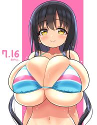  1girl arms_at_sides bikini black_hair blue_bikini blush breasts cleavage collarbone hair_between_eyes highres huge_breasts iwato_kasumi long_hair looking_at_viewer navel oppai_loli pink_background saki_(manga) shiny_skin shuz_(dodidu) simple_background skindentation smile solo striped_bikini striped_clothes swimsuit tareme twitter_username upper_body water_drops white_background yellow_eyes  rating:Questionable score:71 user:Holdencfield