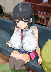  1girl bag between_breasts black_hair blue_eyes blunt_bangs book bookshelf breasts couch highres impossible_clothes indoors large_breasts on_couch original picture_frame pillow shelf shirt short_hair short_shorts shorts shoulder_bag sidelocks sitting sleeveless sleeveless_shirt solo strap_between_breasts thighhighs thighs yac_(mokkori) 