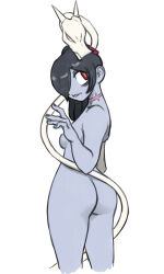 1girl ass black_hair blue_skin breasts colored_skin cropped_legs from_behind hair_over_one_eye leviathan_(skullgirls) looking_at_viewer looking_back looking_to_the_side medium_breasts nude red_eyes sideboob skullgirls solo squigly_(skullgirls) stitched_mouth stitches toshinoshin white_background 