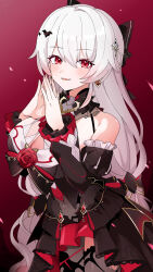  1girl absurdres awe_(adorableduckyy) black_bow black_dress black_sleeves blush bow breasts cleavage covered_navel detached_sleeves dress fang grey_hair grey_pantyhose grey_thighhighs hair_between_eyes hair_bow hair_ornament hands_up highres honkai_(series) honkai_impact_3rd juliet_sleeves large_breasts long_hair long_sleeves looking_at_viewer pantyhose parted_lips puffy_sleeves red_background red_eyes single_leg_pantyhose solo steepled_fingers theresa_apocalypse theresa_apocalypse_(luna_kindred) theresa_apocalypse_(lunar_vow:_crimson_love) thighhighs very_long_hair 