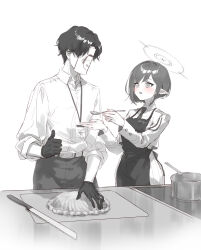  1boy 1girl absurdres aoi_(blue_archive) apron belt blue_archive blush breasts collared_shirt cooking doodle_sensei_(blue_archive) eshineko gloves halo highres holding holding_spoon id_card jacket long_sleeves medium_breasts mole mole_under_eye monochrome necktie open_mouth pants pleated_skirt pointy_ears sensei_(blue_archive) shirt short_hair simple_background skirt spoon white_background 