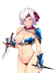  1girl armor bikini_armor blush breasts chain cleavage dagger dual_wielding elf full-face_blush gauntlets holding knife looking_at_viewer mole mole_under_eye navel original panties pointy_ears purple_eyes shin_shiros shirosu short_hair silver_hair simple_background smile solo standing tattoo underwear weapon white_background 
