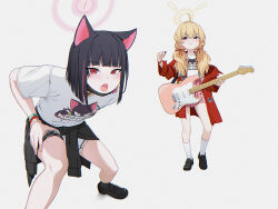 2girls ahoge animal_ears be_my_baby_(complex) be_my_baby_(song) black_footwear black_hair black_jacket black_mask blonde_hair blue_archive cat_ears clothes_around_waist colored_inner_hair electric_guitar fender_stratocaster guitar halo highres holding holding_instrument instrument jacket jacket_around_waist kazusa_(band)_(blue_archive) kazusa_(blue_archive) kuroneko_(kuroneko3zizi) long_hair low_twintails mask mask_pull mouth_mask multicolored_hair multiple_girls official_alternate_costume open_clothes open_jacket pink_hair pink_halo pink_skirt pleated_skirt red_eyes red_jacket shirt shoes short_hair short_sleeves simple_background skirt twintails white_background white_shirt white_skirt yellow_eyes yellow_halo yoshimi_(band)_(blue_archive) yoshimi_(blue_archive)