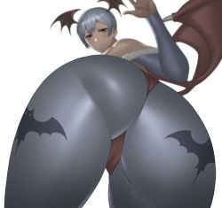  1girl animal_print ass ass_focus bat_print blush cleft_of_venus demon_girl demon_wings foreshortening from_behind head_wings highres huge_ass leotard lilith_aensland looking_at_viewer looking_back nata pantyhose smile solo thick_thighs thighs vampire_(game) waving white_background wings 