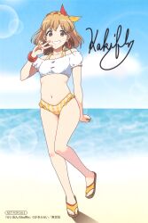  1girl absurdres artist_name bare_shoulders beach bikini bikini_under_clothes blonde_hair blue_sky bracelet breasts brown_eyes checkered_bikini checkered_clothes cloud crop_top day earrings hair_ornament highres jewelry k-on! k-on!_shuffle kakifly leg_up lens_flare looking_at_viewer medium_breasts medium_hair muffin_top nail_polish navel non-web_source ocean off-shoulder_shirt off_shoulder official_art outdoors sakuma_yukari sand sandals scan shirt signature sky smile solo stomach sunlight swimsuit teeth v water 