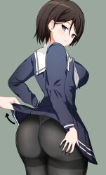  1girl 1other arrow_(symbol) ass bang_dream! black_hair black_pantyhose blue_shirt blue_skirt breasts closed_mouth clothes_lift commentary_request cowboy_shot from_behind grey_background grey_neckerchief hair_between_eyes hand_on_own_ass hand_on_own_hip hellz_(kari) highres large_breasts lifting_another&#039;s_clothes long_sleeves looking_at_viewer looking_back miniskirt neckerchief out_of_frame panties panties_under_pantyhose pantyhose pleated_skirt purple_eyes sailor_collar school_uniform serafuku shirt short_hair simple_background skirt skirt_lift solo_focus standing swept_bangs thighband_pantyhose tsukinomori_school_uniform underwear white_panties white_sailor_collar yashio_rui  rating:Sensitive score:37 user:danbooru