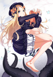 1girl :o abigail_williams_(fate) ass barefoot black_bow black_dress black_hat blonde_hair bloomers blue_eyes blurry blurry_foreground blush bow bug butterfly depth_of_field dress fate/grand_order fate_(series) feet forehead full_body gatari hair_bow hat highres hugging_object insect legs long_hair long_sleeves looking_at_viewer open_mouth orange_bow parted_bangs parted_lips polka_dot polka_dot_bow puffy_long_sleeves puffy_sleeves revision soles solo stuffed_animal stuffed_toy teddy_bear tentacles thighs toes underwear very_long_hair water_drop white_bloomers rating:Sensitive score:11 user:danbooru