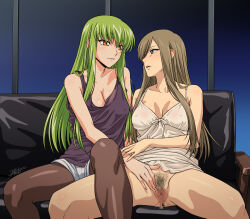  2girls bare_arms bare_legs bare_shoulders blue_eyes bottomless breasts brown_pantyhose c.c. camisole chemise cleavage clothes_lift code_geass collarbone commentary_request commission couch covered_erect_nipples crossover feet_out_of_frame female_pubic_hair green_hair hair_over_one_eye hand_on_another&#039;s_crotch highres himemura_saki indoors large_breasts leg_on_another&#039;s_leg light_brown_hair long_hair looking_at_another medium_breasts multiple_girls one_eye_covered pantyhose parted_lips partial_commentary pubic_hair purple_tank_top pussy pussy_juice short_shorts shorts sidelocks sitting skeb_commission spaghetti_strap straight_hair tales_of_(series) tales_of_the_abyss tank_top tear_grants voice_actor_connection white_camisole window yellow_eyes yukana yuri 