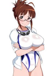 1girl absurdres akizuki_ritsuko antenna_hair breasts brown_eyes brown_hair competition_swimsuit covered_navel cowboy_shot crossed_arms folded_ponytail glasses goggles goggles_around_neck highres idolmaster idolmaster_(classic) jabara_tornado jacket large_breasts looking_at_viewer matching_hair/eyes one-piece_swimsuit shiny_clothes shiny_skin smile solo standing swimsuit white_one-piece_swimsuit rating:Sensitive score:33 user:danbooru