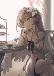  1girl angel_wings black_neckerchief blue_archive brown_hair cup dress flower hair_flower hair_ornament halo hand_on_own_face highres looking_to_the_side nagisa_(blue_archive) neckerchief pantyhose rescat sitting tea_party_(blue_archive) teacup white_dress white_pantyhose white_wings wings yellow_eyes 