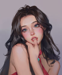  1girl absurdres bad_link bare_shoulders biting_own_finger black_hair blush finger_to_mouth green_eyes highres liu2e3ing long_hair looking_at_viewer makeup open_mouth original portrait red_lips 