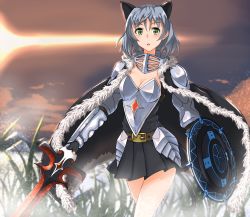  1girl absurdres animal_ears armor blush breasts cape cat_ears cat_tail cleavage fantasy grass green_eyes grey_hair highres hiroshi_(hunter-of-kct) lens_flare looking_at_viewer open_mouth pleated_skirt sanya_v._litvyak shield short_hair skirt snow solo strike_witches sword tail weapon world_witches_series  rating:Sensitive score:6 user:danbooru