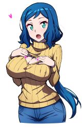 1girl :o absurdres aqua_eyes batta_16-sei blue_hair blue_pants breasts cleavage cleavage_cutout clothing_cutout commentary covered_erect_nipples cowboy_shot denim gundam gundam_build_fighters hands_on_own_chest heart highres iori_rinko jeans large_breasts long_hair long_sleeves looking_at_viewer low_ponytail mature_female open_mouth pants parted_bangs ribbed_sweater signature simple_background solo standing sweater turtleneck turtleneck_sweater white_background yellow_sweater rating:Sensitive score:32 user:danbooru