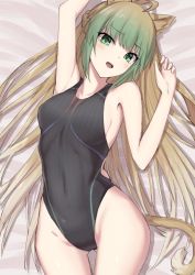  1girl ahoge animal_ears atalanta_(fate) bare_shoulders black_one-piece_swimsuit blonde_hair blush breasts cat_ears cat_girl cat_tail collarbone competition_swimsuit covered_navel elfenlied22 fate/apocrypha fate_(series) green_eyes green_hair highleg highleg_swimsuit highres long_hair looking_at_viewer lying medium_breasts multicolored_hair on_back one-piece_swimsuit open_mouth swimsuit tail thighs  rating:Sensitive score:54 user:danbooru