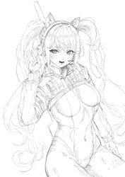  1girl alice_(nikke) animal_ears blush bodysuit breasts covered_navel cowboy_shot fake_animal_ears goddess_of_victory:_nikke greyscale headphones headset highres impossible_bodysuit impossible_clothes indinu lineart long_hair long_sleeves looking_at_viewer medium_breasts monochrome parted_lips shrug_(clothing) solo twintails 