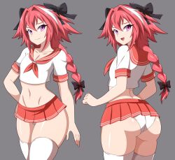  1boy absurdres abysswatchers androgynous ass astolfo_(fate) astolfo_(sailor_paladin)_(fate) blush bow braid braided_ponytail bulge clothes_lift crop_top crossdressing curvy fang fate/grand_order fate_(series) grey_background hair_bow hair_intakes highres huge_ass long_hair looking_at_viewer looking_back midriff miniskirt multicolored_hair multiple_views navel neckerchief open_mouth panties pink_hair pink_sailor_collar pink_skirt purple_eyes sailor_collar school_uniform serafuku shiny_skin shirt short_sleeves single_braid skin_fang skindentation skirt smile solo streaked_hair thighhighs thighs trap underwear white_hair white_panties white_shirt white_thighhighs wide_hips  rating:Sensitive score:181 user:Popote