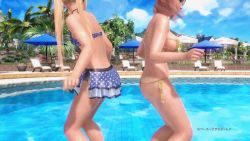 2girls 3d animated animated_gif ass ass-to-ass bikini blonde_hair breasts dead_or_alive dead_or_alive_xtreme dead_or_alive_xtreme_3_fortune hip_attack honoka_(doa) large_breasts marie_rose multiple_girls outdoors pink_hair pool sky small_breasts splashing swimsuit water rating:Sensitive score:39 user:Aman2k16