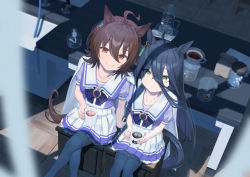  2girls agnes_tachyon_(umamusume) ahoge alcohol_burner animal_ears bag beaker black_hair breasts brown_eyes brown_hair coat coat_on_shoulders commentary_request crossed_legs cup earrings frilled_skirt frills hair_between_eyes highres holding holding_cup horse_ears horse_girl horse_tail jar jewelry kazu_no_reason long_hair looking_at_viewer manhattan_cafe_(umamusume) medium_breasts multiple_girls paper_bag pitcher_(container) pleated_skirt raised_eyebrows school_uniform shadow short_hair short_sleeves single_earring sitting skirt small_breasts smile stool table tail thighhighs tile_floor tiles tracen_school_uniform umamusume white_coat white_thighhighs yellow_eyes 