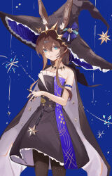 1girl absurdres ambience_synesthesia amiya_(arknights) animal_ear_fluff animal_ears arknights bare_shoulders black_cloak black_dress black_hat black_pantyhose blue_background blue_eyes breasts brown_hair cloak closed_mouth commentary dress ears_through_headwear frilled_dress frills hair_between_eyes hat highres jewelry long_hair pantyhose rabbit_ears ring simple_background small_breasts solo standing strapless strapless_dress witch_hat yuanqi_(chriu) 