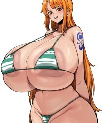  1girl absurdres areola_slip bikini blush breasts brown_eyes curvy earrings female_focus gigantic_breasts highres jewelry long_hair looking_at_viewer nami_(one_piece) navel one_piece orange_hair solo swimsuit tattoo tiger_drop veins veiny_breasts  rating:Questionable score:38 user:catonfire26