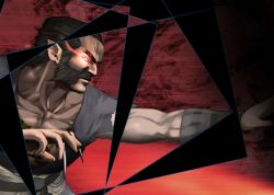  1boy beard black_hair dead_or_alive facial_hair fighting_stance glowing glowing_eyes gradient_background male_focus mustache outstretched_arm pointy_ears raidou red_eyes solo tagme 