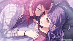  2girls bang_dream! black_choker black_shirt blue_eyes blush choker commentary_request eye_contact fang forehead-to-forehead heads_together highres jacket long_hair looking_at_another lying multiple_girls official_art open_clothes open_jacket open_mouth pajamas purple_hair red_eyes red_hair shirt siblings sidelocks sisters sweatdrop udagawa_ako udagawa_tomoe under_covers white_jacket 