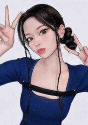  1girl black_hair blue_eyes breasts dahyun_(twice) double_v earrings grey_background highres jewelry lips long_hair looking_at_viewer medium_breasts real_life ring solo twice_(group) umigraphics upper_body v 