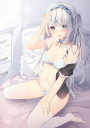 1girl absurdres arm_up bad_id bad_pixiv_id bare_shoulders bed black_shirt blue_bra blue_panties blurry blurry_background bow bow_bra bow_panties bra chest_of_drawers commentary_request depth_of_field digital_thermometer fingernails frilled_hairband frilled_pillow frills green_hairband grey_eyes hairband heavy_breathing highres indoors long_hair nail_polish no_shoes off_shoulder on_bed one_side_up open_clothes open_shirt original panties pillow pink_nails puffy_short_sleeves puffy_sleeves shirt short_sleeves sick silver_hair sitting solo thermometer thighhighs tsuruse underwear very_long_hair wariza white_thighhighs rating:Sensitive score:11 user:danbooru