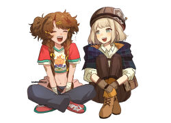  1boy 1girl :d ^_^ artist_name bandaged_arm bandages bandaid bandaid_on_arm between_legs blonde_hair blue_cloak blue_eyes blue_pants blunt_bangs bob_cut braid brown_footwear brown_gloves brown_hair brown_hat brown_pants cloak closed_eyes collared_shirt crossed_ankles double_bun ezra_theodore facing_viewer full_body gloves hair_bun hair_ornament hairclip hand_between_legs hat hugging_own_legs indian_style kinokonica knees_up long_hair looking_at_another looking_to_the_side navel notice_lines on_ground open_mouth pants pink_footwear reverse:1999 shirt shoes short_hair short_sleeves sitting smile sneakers spathodea_(reverse:1999) stomach t-shirt teeth twin_braids upper_teeth_only white_background white_shirt 