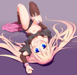  1girl ahoge asymmetrical_legwear black_panties blonde_hair blue_eyes blush braid breasts cameltoe covered_erect_nipples ia_(vocaloid) long_hair looking_at_viewer lying mismatched_legwear n2m3 navel on_back open_mouth panties see-through shadow single_thighhigh skirt small_breasts solo thighhighs twin_braids underwear uneven_legwear vocaloid 