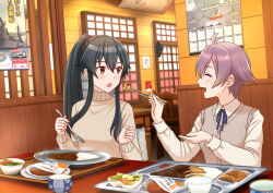 2boys 2girls black_hair blue_ribbon blush breasts brown_eyes chair chopsticks collared_shirt commentary_request cup curry curry_rice eating feeding food hair_between_eyes hitakikan holding holding_chopsticks holding_spoon indoors kantai_collection long_sleeves medium_breasts multiple_boys multiple_girls neck_ribbon open_mouth ponytail purple_hair restaurant ribbed_sweater ribbon rice sakawa_(kancolle) salad shirt short_hair sidelocks sign spoon sweater sweater_vest turtleneck turtleneck_sweater white_shirt yahagi_(kancolle)