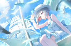  1girl back_bow bird blue_bow blue_ribbon blue_sky blurry blurry_foreground boater_hat bob_cut bow colored_inner_hair diagonal_bangs dress dress_ribbon feathers game_cg grey_hair hair_ornament halter_dress halterneck hat highres inverted_bob link!_like!_love_live! looking_at_viewer love_live! medium_dress multicolored_hair official_art penguin_ice_(love_live!) pink_eyes railing red_hair ribbon sailing_ship seagull short_hair sitting sky sleeveless sleeveless_dress smile solo star_(symbol) star_hair_ornament streaked_hair striped_bow third-party_source virtual_youtuber white_dress white_hat wrist_bow yugiri_tsuzuri 