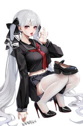  1girl absurdres artist_name azur_lane black_sailor_collar black_serafuku black_skirt breasts fellatio_gesture formidable_(azur_lane) formidable_(the_lover&#039;s_heart_flutters_on_duty)_(azur_lane) full_body grey_hair hair_ribbon high_heels highres large_breasts long_hair looking_at_viewer navel navel_peek neckerchief official_alternate_costume red_eyes red_neckerchief ribbon sailor_collar school_uniform serafuku shoes skirt squatting thighhighs tongue tongue_out twintails two-sided_ribbon two-tone_ribbon unworn_shoes very_long_hair white_background white_thighhighs xnnagu 