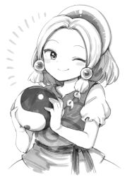  1girl blush closed_mouth commentary_request forehead greyscale harusame_(unmei_no_ikasumi) headpiece holding_orb jewelry looking_at_viewer magatama magatama_necklace medium_hair monochrome necklace one_eye_closed orb puffy_short_sleeves puffy_sleeves sash shirt short_sleeves smile solo tamatsukuri_misumaru touhou upper_body vest white_background yin_yang yin_yang_orb 