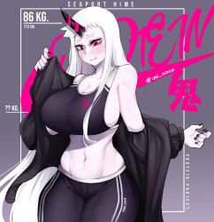 1girl ? ?? absurdres abyssal_ship black_jacket black_pants blush breasts cleavage colored_skin curvy english_text grey_background highres horns huge_breasts jacket kantai_collection long_hair measurements measuring pants pink_eyes removing_jacket seaport_princess sideboob solo sports_bra thick_thighs thighs twitter_username uni_(oni_unicorn) white_hair white_skin wide_hips yoga_pants rating:Sensitive score:50 user:danbooru