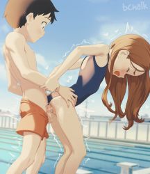 1boy 1girl artist_name ass black_eyes black_hair blue_one-piece_swimsuit blue_sky blurry blurry_background brown_hair butterchalk child_on_child closed_eyes cloud commentary cum day english_commentary hetero highres karakai_jouzu_no_takagi-san loli long_hair looking_at_another nishikata one-piece_swimsuit open_mouth orange_shorts outdoors penis pool pussy sex sex_from_behind short_hair shorts shota sky standing standing_sex swimsuit takagi-san torso_grab trembling uncensored vaginal water rating:Explicit score:1769 user:danbooru