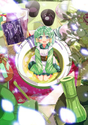  1girl :d ahoge apron basket blue_eyes cafe-chan_to_break_time commentary_request cup dango food green_hair green_kimono green_skirt green_tea highres in_container in_cup japanese_clothes kimono long_sleeves looking_at_viewer midori_(cafe-chan_to_break_time) obi open_mouth pleated_skirt porurin pouch sanshoku_dango sash sidelocks skirt sleeves_past_fingers sleeves_past_wrists smile solo tea teacup thick_eyebrows wagashi white_apron wide_sleeves 