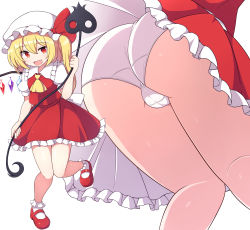 1girl :d ascot ass blonde_hair cleft_of_venus crystal fang flandre_scarlet from_below full_body hat highres holding laevatein_(touhou) loli long_hair looking_at_viewer mob_cap multiple_views open_mouth panties pantyshot red_eyes red_footwear red_skirt rizento shoes side_ponytail simple_background skirt smile solo standing standing_on_one_leg thighs touhou underwear white_background white_hat white_panties wings yellow_ascot rating:Questionable score:118 user:danbooru