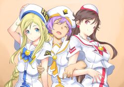  3girls akira_ferrari alicia_florence aqua_eyes aria_(manga) aria_company_uniform arm_up athena_glory beret blonde_hair blue_bow blue_bowtie blue_ribbon bow bowtie braid braided_ponytail breasts brown_hair closed_eyes closed_mouth collarbone dark-skinned_female dark_skin gold_necktie gold_trim hair_between_eyes hat hat_ribbon highres himeya_company_uniform light_brown_background locked_arms long_hair looking_at_another medium_breasts mono9ron multiple_girls open_mouth orange_planet_uniform purple_hair red_bow red_bowtie red_eyes ribbon sailor_collar short_hair short_sleeves sidelocks smile upper_body very_long_hair 
