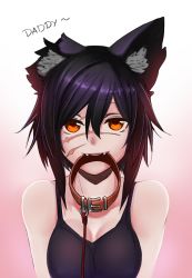 1girl animal_collar animal_ear_fluff animal_ears asymmetrical_ears bare_arms bare_shoulders black_hair breasts cat_ears cheshire_cat_(monster_girl_encyclopedia) cleavage collar commentary damaged english_commentary english_text fangs gradient_background heart heart-shaped_pupils highres injury laska_(less) laska_(monster_girl_encyclopedia) leash less looking_at_viewer medium_breasts missing_ear monster_girl_encyclopedia mouth_hold notched_ear orange_eyes original pink_background red_collar scar scar_across_eye scar_on_face simple_background smile solo symbol-shaped_pupils tank_top teeth teeth_hold upper_body rating:Sensitive score:132 user:danbooru