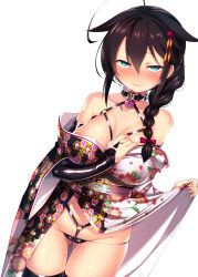 10s 1girl ahoge alternate_breast_size alternate_costume aqua_eyes bare_shoulders between_legs black_gloves black_hair black_panties black_thighhighs bondage_outfit bow braid breasts bridal_gauntlets cleavage closed_mouth clothes_lift collar collarbone commentary_request cowboy_shot dutch_angle elbow_gloves floral_print glint gloves gluteal_fold hair_between_eyes hair_bow hair_flaps hair_ornament hair_over_shoulder hairpin half-closed_eyes hand_between_legs heart-shaped_lock highres japanese_clothes kantai_collection kimono kimono_lift large_breasts lifted_by_self long_hair looking_at_viewer lowleg lowleg_panties naughty_face o-ring off_shoulder panties pink_lips red_bow sash satou_kuuki shigure_(kancolle) shigure_kai_ni_(kancolle) shiny_skin simple_background single_braid single_glove solo standing sweat thigh_gap thighhighs underwear undressing white_background rating:Questionable score:108 user:danbooru