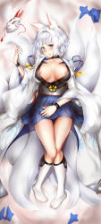 1girl animal_ears azur_lane bad_id bad_pixiv_id blue_eyes blue_skirt blush breasts breasts_apart choker collarbone daisufuumi dakimakura_(medium) fox_ears fox_mask fox_tail from_above full_body glint highres japanese_clothes jewelry kaga_(azur_lane) kneehighs knees_together_feet_apart large_breasts looking_at_viewer lying mask multiple_tails nipple_slip nipples parted_lips pleated_skirt revision ring short_hair skirt socks solo sparkle tail wedding_band white_hair white_socks wristband rating:Questionable score:15 user:danbooru