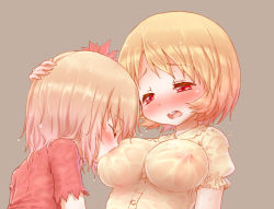 2girls aki_minoriko aki_shizuha arinu blonde_hair blush breast_sucking breast_sucking_through_clothes breasts brown_background close-up hair_ornament hand_on_another&#039;s_head highres incest leaf_hair_ornament multiple_girls open_mouth puffy_short_sleeves puffy_sleeves red_eyes short_hair short_sleeves siblings sisters touhou upper_body wet yuri rating:Questionable score:34 user:danbooru