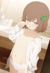  1girl baggy_clothes bathroom blue_eyes blush breast_pocket brown_hair cabinet collarbone collared_shirt cowboy_shot doremi_(doremi4704) dress_shirt eyelashes fang female_focus fingernails flat_chest freckles green_hair_ornament groin hair_ornament highres indie_virtual_youtuber indoors lily_hopkins loli long_sleeves looking_at_viewer medium_hair navel open_clothes open_mouth open_shirt oversized_clothes panties pocket polka_dot polka_dot_panties shirt short_hair sink soap_bottle solo third-party_edit tile_wall tiles unbuttoned unbuttoned_shirt underwear virtual_youtuber white_shirt wood  rating:Questionable score:279 user:VampireQueenDespair