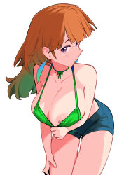  1girl bent_over bikini bikini_pull blue_shorts breasts choker clothes_pull denim denim_shorts dismassd earrings feather_earrings feathers green_bikini green_choker halterneck hand_on_own_thigh highres hololive hololive_english jewelry large_breasts long_hair looking_at_viewer neck_ribbon nipples official_alternate_costume orange_hair pulled_by_self purple_eyes ribbon short_shorts shorts simple_background solo swimsuit takanashi_kiara takanashi_kiara_(casual) virtual_youtuber white_background  rating:Questionable score:14 user:danbooru