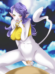 1boy :3 animal_ears assertive_female atlus bell blue_hair blush bottomless breasts_squeezed_together breasts cat_ears cat_tail colored_skin covered_erect_nipples penis_grab huge_breasts megami_tensei naughty_face nekomata nekomata_(megami_tensei) penis shin_megami_tensei straddling tail uk-violet uncensored white_skin rating:Explicit score:69 user:UnderWho
