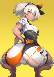  1girl ass barefoot bea_(pokemon) blue_eyes bow breasts cameltoe cleft_of_venus creatures_(company) dark-skinned_female dark_skin female_focus game_freak gloves gradient_background grey_eyes hair_bow highres looking_at_viewer looking_back nintendo nuezou pokemon pokemon_swsh short_hair silver_hair skin_tight small_breasts solo squatting twisted_torso yellow_background  rating:Questionable score:233 user:danbooru