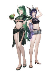  2girls absurdres adjusting_clothes adjusting_headwear alternate_costume alternate_hairstyle arknights baseball_cap bikini black_sarong black_shirt blue_hair breasts ch&#039;en_(arknights) ch'en_(arknights) coconut_cup commentary crop_top dragon_girl dragon_horns female_tourist_c_(arknights) food fruit green_eyes green_hair grey_shorts hair_between_eyes hand_on_own_hip hat high_heels highleg highleg_bikini highres holding holding_food holding_fruit horns horns_through_headwear hoshiguma_(arknights) large_breasts long_sleeves looking_at_viewer multiple_girls navel official_alternate_costume official_alternate_hairstyle open_fly open_mouth red_eyes sandals sarong shirt short_shorts shorts sidelocks simple_background single_horn skin-covered_horns smile standing stomach swimsuit symbol-only_commentary thighs underboob underbust white_background yiyanbanshengchou 